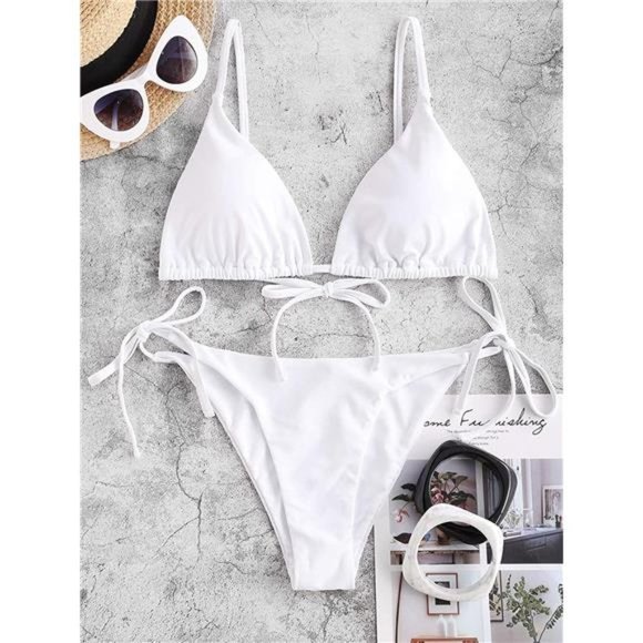 WOMEN'S Triangle Bikini Floral String Bikini Set, White - Picture 3 of 6